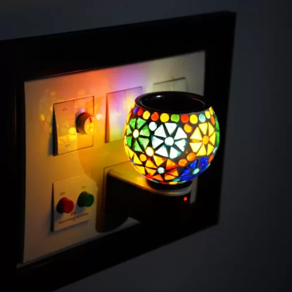 Electric Glossy Beautiful Multi-Color Glass Aroma Oil Diffuser Kapoor Dani/ Camphor Burner Cum Night Lamp with Switch (in-Built On/Off Button for Heating) Hand Crafted Incense Burner Borosilicate Glass, Steel, Ceramic Incense Holder  (Multicolor)