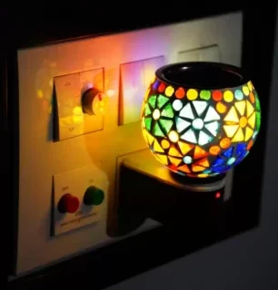 Electric Glossy Beautiful Multi-Color Glass Aroma Oil Diffuser Kapoor Dani/ Camphor Burner Cum Night Lamp with Switch (in-Built On/Off Button for Heating) Hand Crafted Incense Burner Borosilicate Glass, Steel, Ceramic Incense Holder  (Multicolor)