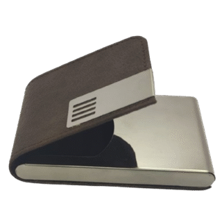 Stainless Steel & Leatherette Card Wallet Sleek Metal Card Holder with Brown Flap Modern Credit Card Case with Minimalist Design